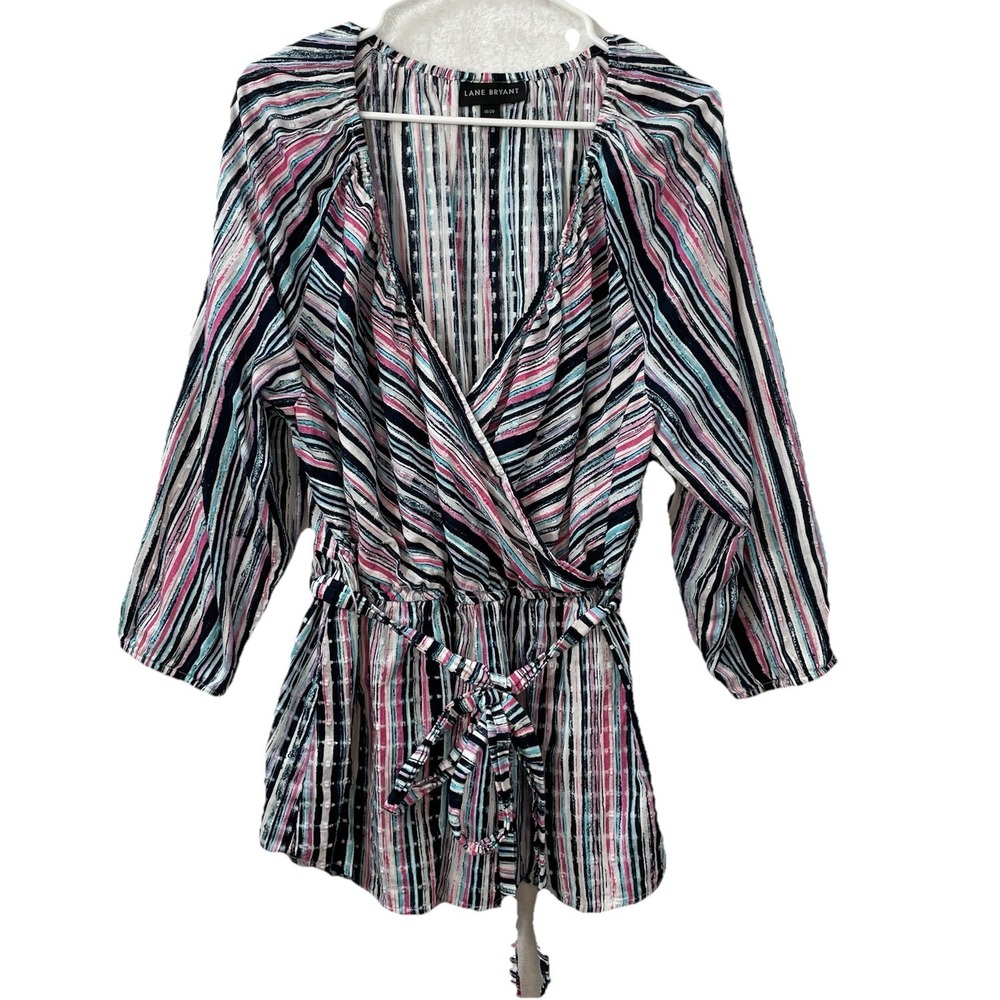 Lane Bryant Top 18/20 Surplice V-Neck Elastic Waist Belted Pink Blue Striped